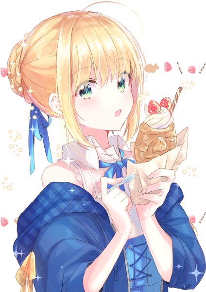 Anime picture 1000x1414 with fate (series) fate/stay night artoria pendragon (all) saber shiohari kanna single tall image looking at viewer fringe short hair open mouth blonde hair hair between eyes green eyes upper body ahoge fingernails :o sparkle hair bun (hair buns)