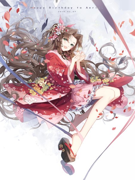 Anime-Bild 1132x1500 mit final fantasy final fantasy vii square enix aerith gainsborough kieta single tall image looking at viewer open mouth brown hair sitting green eyes full body very long hair head tilt :d character names dated happy birthday single shoe