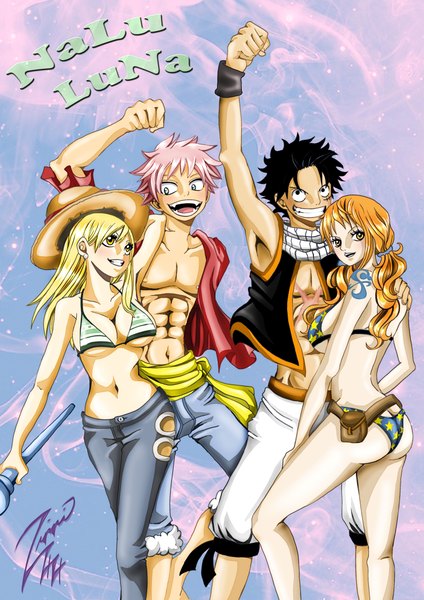 Anime picture 1480x2093 with one piece fairy tail toei animation lucy heartfilia nami (one piece) monkey d. luffy natsu dragneel long hair tall image breasts open mouth blue eyes light erotic black hair blonde hair large breasts bare shoulders multiple girls pink hair cleavage