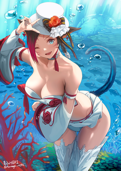 Anime picture 700x990 with final fantasy final fantasy xiv square enix miqo'te marie makise heri single long hair tall image looking at viewer blush breasts open mouth light erotic black hair smile large breasts signed animal ears cleavage