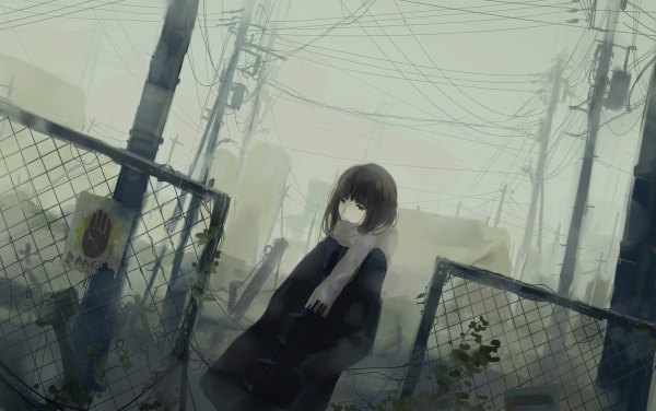 Anime picture 1199x752 with original hanno single short hair black hair black eyes hands in pockets girl plant (plants) scarf wire (wires) power lines