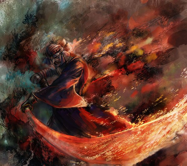 Anime picture 1500x1333 with rurouni kenshin shishio makoto bccp single boy gloves weapon sword katana bandage (bandages) fire flame