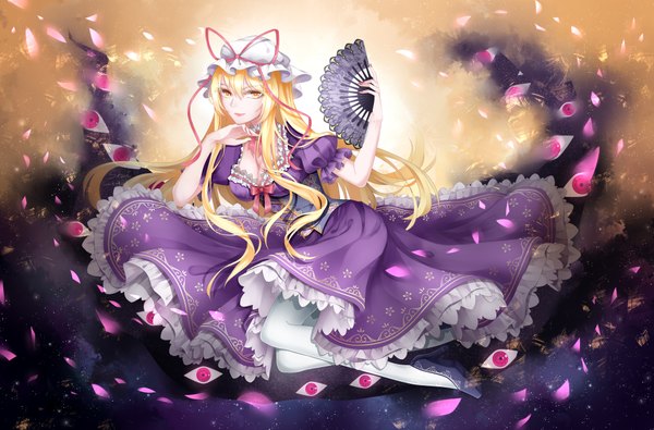 Anime picture 4100x2700 with touhou yakumo yukari stari single long hair looking at viewer highres blonde hair yellow eyes absurdres eyes girl dress petals bonnet