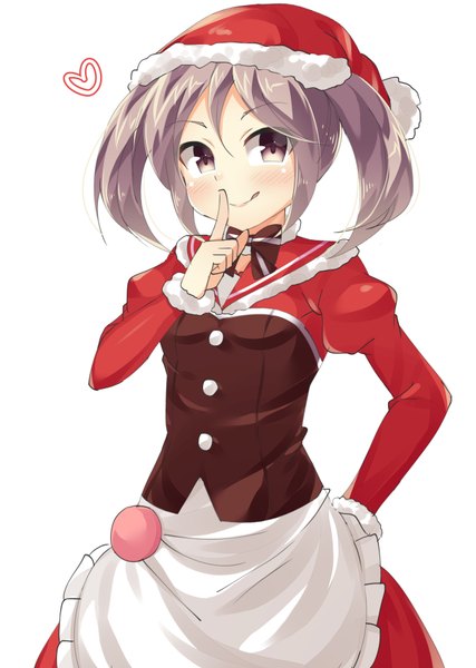 Anime picture 612x859 with kantai collection sazanami destroyer kankitsunabe (citrus) single long hair tall image looking at viewer blush fringe simple background smile standing white background purple eyes twintails purple hair long sleeves alternate costume puffy sleeves fur trim