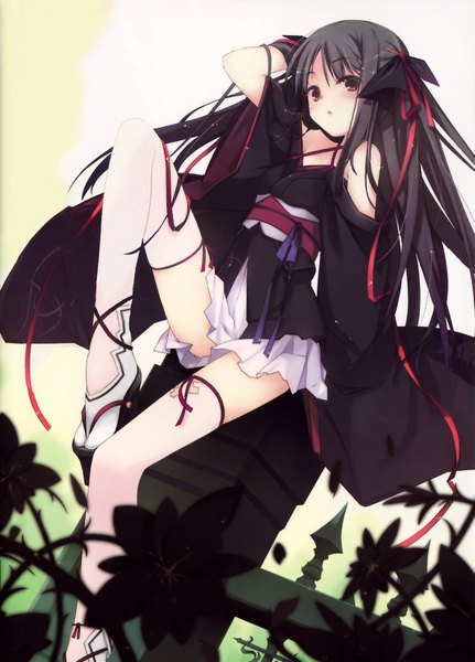 Anime picture 1185x1650 with machine-doll wa kizutsukanai yaya (machine-doll) ruroo single long hair tall image looking at viewer blush black hair simple background red eyes white background sitting bare shoulders long sleeves scan off shoulder wide sleeves arm behind head lolita fashion