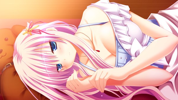 Anime picture 1024x576 with fortuna rhapsody long hair blush blue eyes wide image pink hair game cg lying girl hair ornament