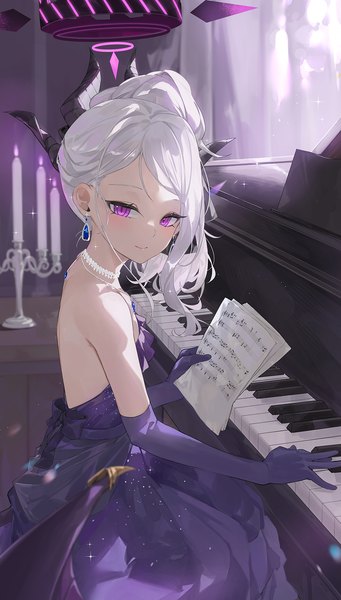 Anime picture 993x1748 with blue archive hina (blue archive) hina (dress) (blue archive) dema hmw single long hair tall image looking at viewer blush smile sitting purple eyes silver hair indoors horn (horns) sparkle official alternate costume girl dress gloves