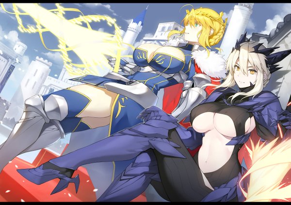 Anime picture 2828x2000 with fate (series) fate/grand order artoria pendragon (all) artoria pendragon (lancer alter) artoria pendragon (lancer) yykuaixian looking at viewer blush fringe highres short hair breasts light erotic blonde hair hair between eyes large breasts standing sitting multiple girls holding
