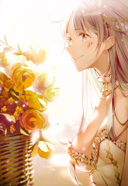 Anime picture 4194x6055 with dsmile single long hair tall image fringe highres breasts light erotic smile brown hair large breasts brown eyes looking away absurdres cleavage upper body profile backlighting girl flower (flowers)