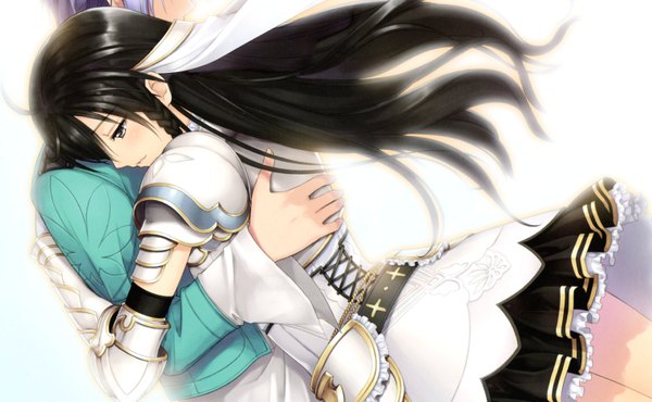 イラスト 6081x3760 と shining (series) shining resonance sonia blanche ユーマ・イルバーン 田中貴之 長髪 highres 黒髪 wide image 白背景 absurdres 三つ編み black eyes scan 仕事絵 couple hug 女の子 ドレス 男性