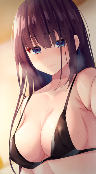 Anime picture 1134x2048 with original maid-chan (ramchi) ramchi single long hair tall image looking at viewer blush fringe breasts blue eyes light erotic hair between eyes brown hair large breasts upper body blurry mole mole under eye sweatdrop