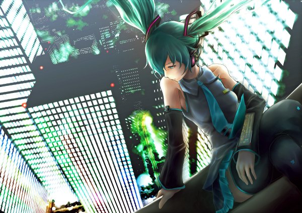 Anime picture 1200x848 with vocaloid hatsune miku museum2088 single twintails bare shoulders very long hair aqua eyes aqua hair girl thighhighs black thighhighs detached sleeves necktie headphones vest