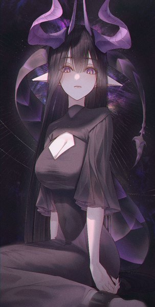 Anime picture 674x1333 with original orecalc3092 single long hair tall image looking at viewer fringe breasts black hair simple background hair between eyes sitting purple eyes cleavage tail horn (horns) fingernails pointy ears black background cleavage cutout