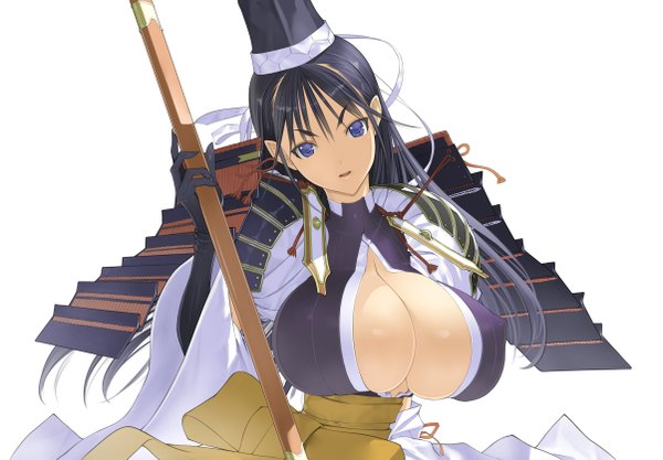 Anime picture 2408x1675 with original nakabayashi reimei single long hair highres breasts blue eyes light erotic black hair simple background white background traditional clothes japanese clothes huge breasts girl weapon hat