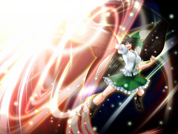 Anime picture 1600x1200 with touhou reiuji utsuho ootsuki wataru long hair open mouth black hair red eyes magic arm cannon girl bow hair bow wings