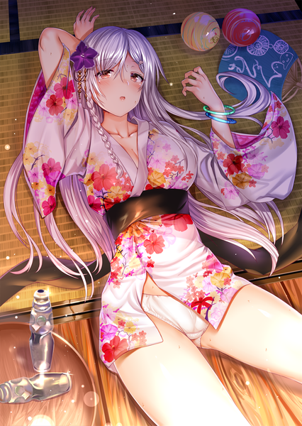 Anime picture 1064x1500 with original neeko arudehido single long hair tall image looking at viewer blush fringe breasts open mouth light erotic hair between eyes red eyes silver hair indoors lying braid (braids) traditional clothes japanese clothes