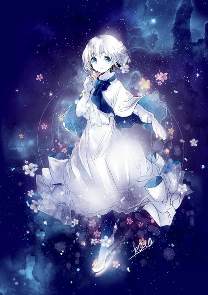 Anime picture 800x1132 with original koto2 single tall image short hair blue eyes signed looking away white hair girl dress flower (flowers) white dress