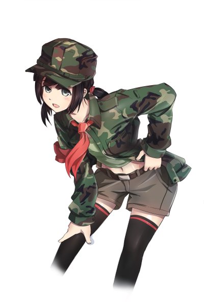 Anime picture 801x1200 with original tc1995 single tall image looking at viewer short hair open mouth simple background brown hair white background black eyes leaning leaning forward military army girl navel uniform shorts belt