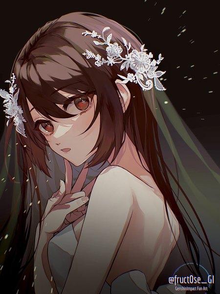 Anime picture 1800x2400 with genshin impact hu tao (genshin impact) fruct0se fa single long hair tall image looking at viewer fringe highres simple background hair between eyes red eyes brown hair upper body black background symbol-shaped pupils girl veil bride