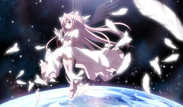Anime picture 1280x752 with mahou shoujo madoka magica shaft (studio) kaname madoka goddess madoka izumi bell single long hair red eyes wide image pink hair two side up space girl dress gloves wings star (stars) feather (feathers) planet