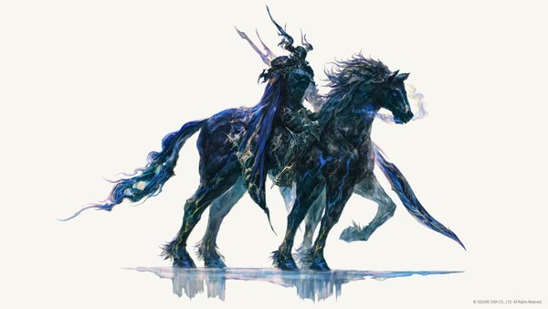 Anime picture 3840x2160 with final fantasy final fantasy xvi square enix odin (final fantasy) takahashi kazuya single highres simple background wide image white background absurdres full body horn (horns) official art riding boy animal armor cape horse