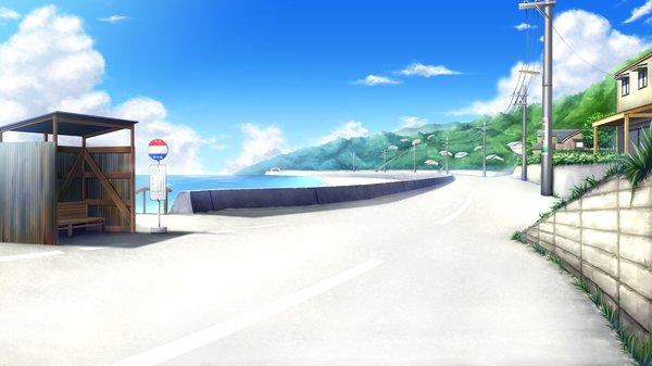 Anime picture 3840x2160 with love la bride highres wide image absurdres game cg sky cloud (clouds) landscape sea wire (wires) house road