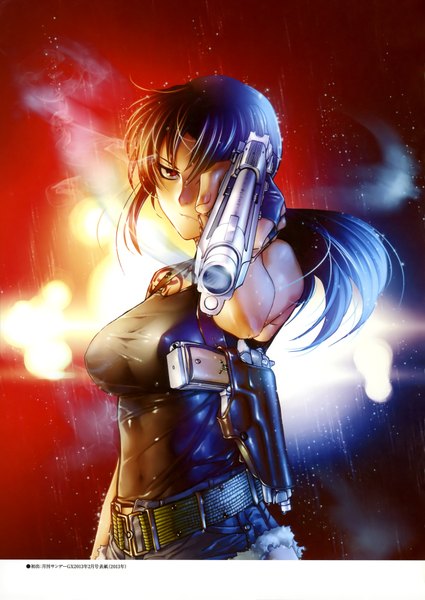 Anime picture 2512x3548 with black lagoon madhouse revy (black lagoon) hiroe rei single long hair tall image looking at viewer highres brown hair brown eyes ponytail scan official art tattoo smoke red background smoking gun girl weapon