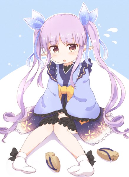 Anime picture 1000x1371 with princess connect! kyouka (princess connect!) araki495 (artist) single tall image looking at viewer blush fringe simple background sitting twintails brown eyes payot purple hair full body blunt bangs very long hair pointy ears wide sleeves bare legs