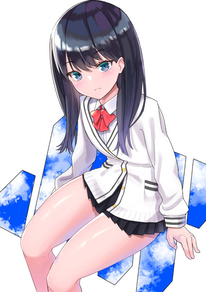 Anime picture 868x1228 with gridman universe ssss.gridman studio trigger takarada rikka templus single long hair tall image looking at viewer blush fringe blue eyes black hair simple background hair between eyes white background sitting sky cloud (clouds) bent knee (knees)