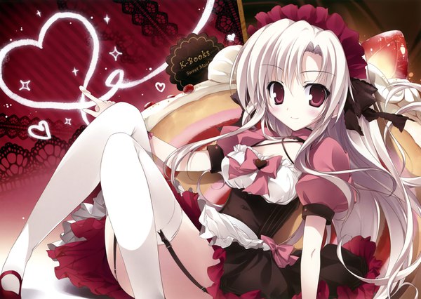 Anime picture 3131x2224 with original k-books (artbook) karory single long hair looking at viewer blush highres smile red eyes payot absurdres bent knee (knees) white hair sparkle short sleeves maid puffy sleeves thighs heart of string