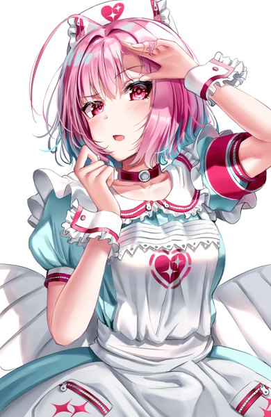 Anime picture 900x1384 with idolmaster idolmaster cinderella girls yumemi riamu superpig (wlstjqdla) single tall image looking at viewer blush fringe short hair breasts open mouth simple background hair between eyes standing white background pink hair ahoge pink eyes multicolored hair