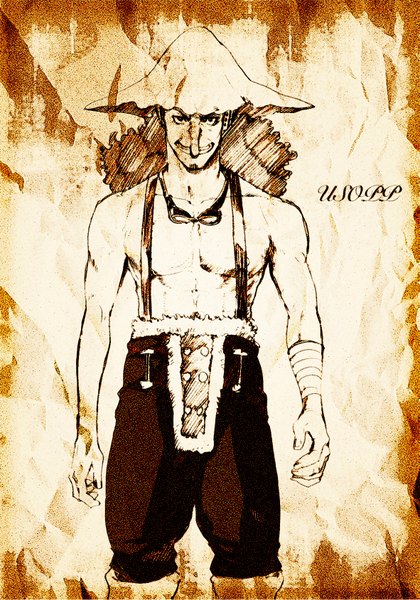 Anime picture 1181x1687 with one piece toei animation usopp nagasode fusoku single long hair tall image looking at viewer smile brown hair standing black eyes inscription teeth monochrome topless boy hat glasses headdress