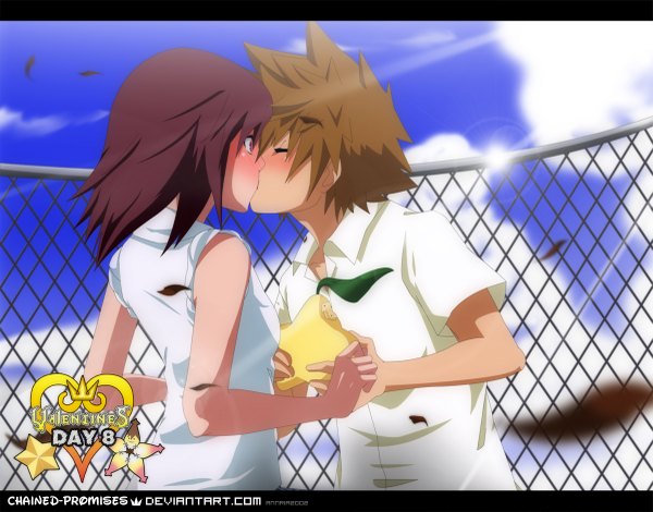 Anime picture 1200x941 with kingdom hearts square enix kairi (kingdom hearts) sora (kingdom hearts) annria2002 blush blonde hair sky cloud (clouds) eyes closed kiss girl boy shirt leaf (leaves)