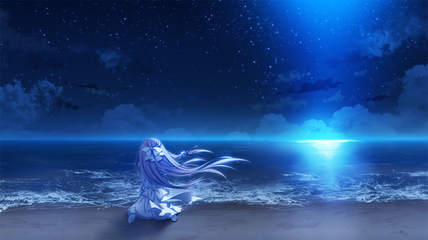 Anime picture 1280x720 with innocent girl ayashiro kagari nanaka mai single long hair wide image game cg sky silver hair cloud (clouds) beach girl dress bow hair bow sea