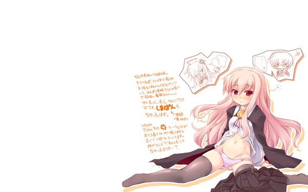 Anime picture 1680x1050 with zero no tsukaima j.c. staff louise francoise le blanc de la valliere long hair blush light erotic red eyes wide image white background pink hair open clothes open shirt girl thighhighs underwear panties cloak