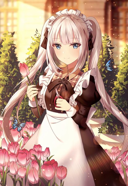 Anime picture 2031x2939 with fate (series) fate/grand order marie antoinette (fate/grand order) junpaku karen single long hair tall image looking at viewer blush fringe highres blue eyes smile standing twintails holding payot silver hair outdoors blunt bangs