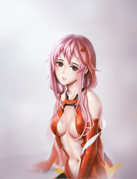 Anime picture 763x1000 with guilty crown production i.g yuzuriha inori bita (vaderc) single long hair tall image looking at viewer breasts light erotic red eyes twintails bare shoulders pink hair parted lips low twintails center opening girl navel hair ornament