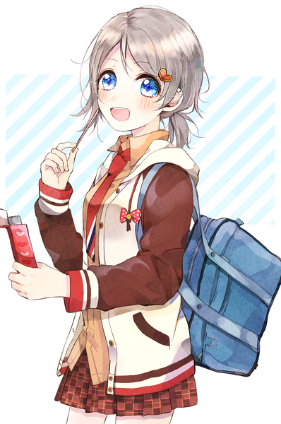 Anime picture 1047x1579 with love live! sunshine!! sunrise (studio) love live! watanabe you 8ig6 single tall image looking at viewer blush fringe short hair open mouth blue eyes simple background standing holding :d grey hair plaid skirt low ponytail