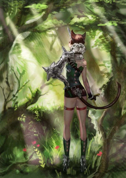 Anime picture 1000x1414 with original pantsumoriko single tall image short hair brown hair brown eyes animal ears tail animal tail from behind cat ears cat tail high heels legs girl flower (flowers) weapon plant (plants) sword