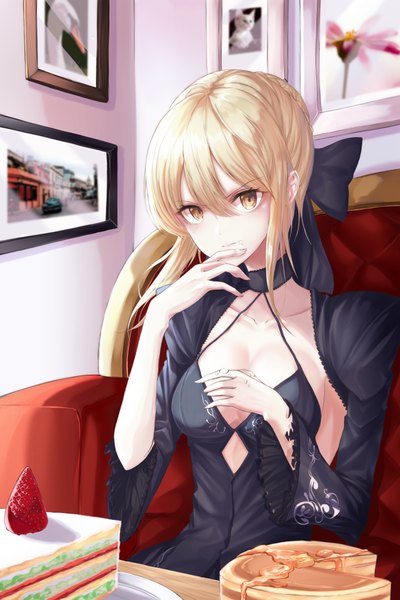 Anime picture 3000x4500 with fate (series) fate/grand order fate/stay night artoria pendragon (all) saber alter csc00014 single tall image looking at viewer blush fringe highres short hair breasts hair between eyes sitting payot cleavage indoors braid (braids)