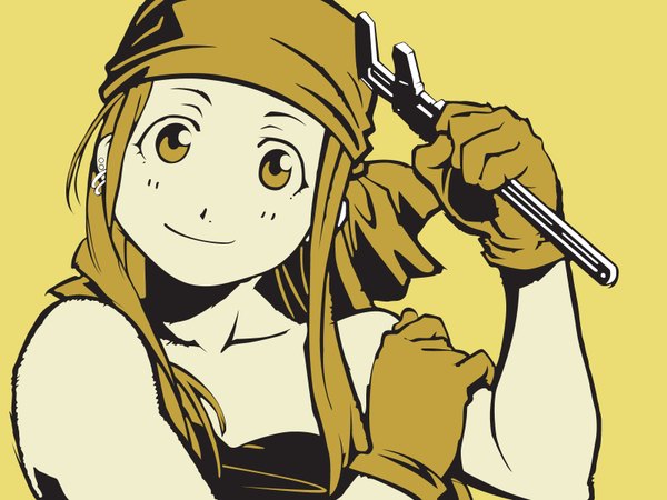 Anime picture 1600x1200 with fullmetal alchemist studio bones winry rockbell yellow background tagme
