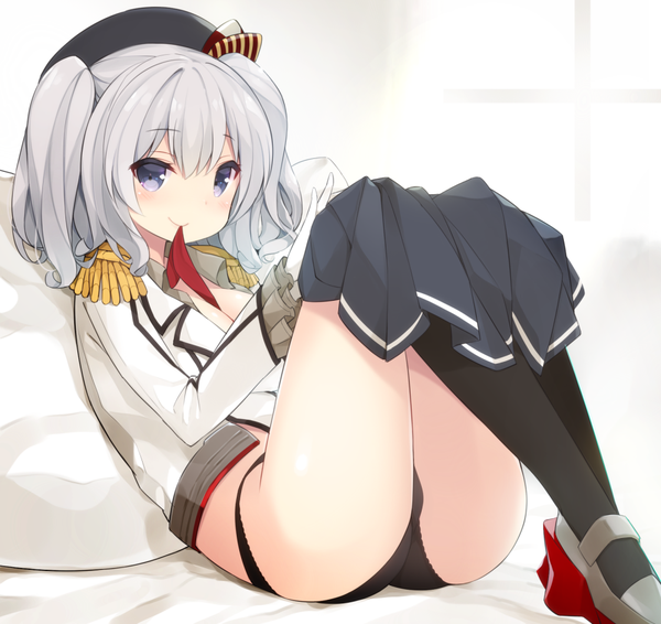 Anime picture 1000x944 with kantai collection kashima training cruiser watanohara single long hair looking at viewer blush blue eyes light erotic smile white background silver hair girl underwear panties socks black socks beret epaulettes