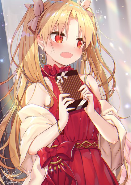 Anime-Bild 848x1200 mit fate (series) fate/grand order ereshkigal (fate) yano mitsuki single long hair tall image blush fringe breasts open mouth blonde hair red eyes standing bare shoulders holding signed looking away two side up embarrassed