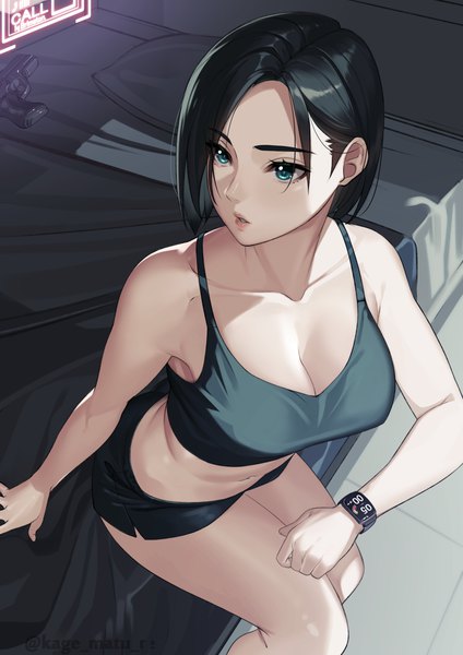 Anime picture 1736x2456 with valorant viper (valorant) kagematsuri single tall image looking at viewer fringe highres short hair breasts light erotic black hair large breasts sitting bare shoulders signed looking away cleavage indoors parted lips
