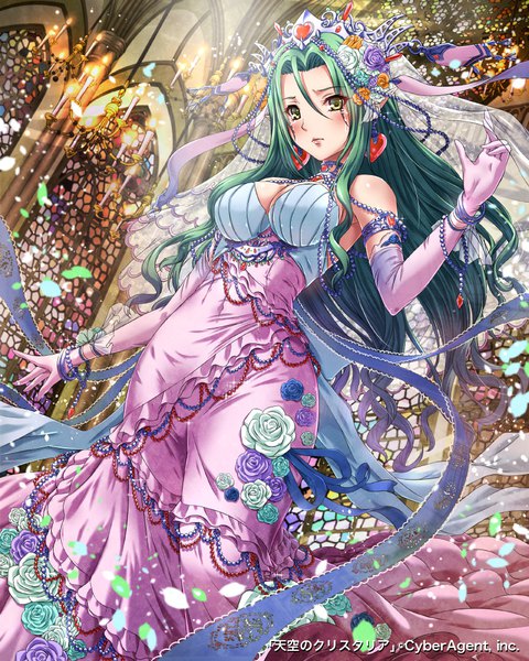 Anime picture 800x1000 with tenkuu no crystalia sakiyamama single long hair tall image looking at viewer blush fringe breasts hair between eyes large breasts standing bare shoulders green eyes payot cleavage indoors hair flower green hair pointy ears