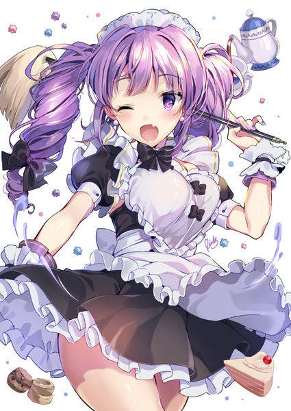 Anime picture 687x970 with elsword aisha landar pinb single long hair tall image looking at viewer blush fringe breasts open mouth simple background standing white background twintails purple eyes holding purple hair nail polish one eye closed