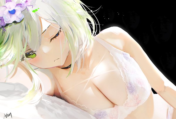 Anime picture 2472x1670 with arknights kal'tsit (arknights) omone hokoma agm single blush fringe highres short hair breasts light erotic large breasts green eyes signed cleavage lying one eye closed hair flower green hair underwear only on side