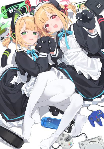 Anime picture 1742x2500 with blue archive nintendo sony momoi (blue archive) midori (blue archive) momoi (maid) (blue archive) midori (maid) (blue archive) kaniman tall image looking at viewer blush highres short hair open mouth blonde hair red eyes twintails multiple girls green eyes animal ears