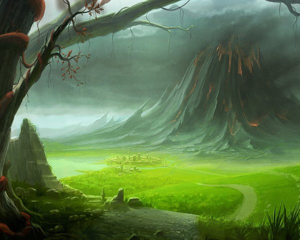 Anime picture 1280x1024 with antifan-real cloud (clouds) city landscape volcano plant (plants) tree (trees) road