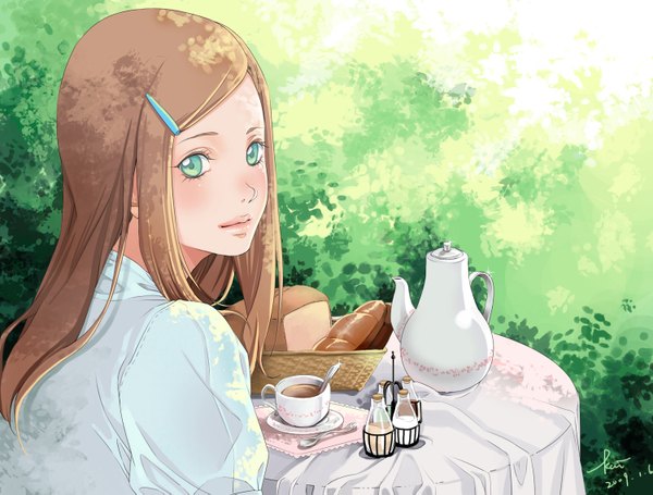 Anime picture 1500x1139 with original kai (linking) single brown hair green eyes looking back girl hair ornament food sweets table cup cake hairpin (hairpins) teapot coffee